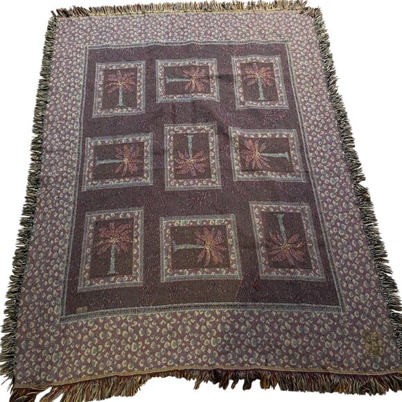 Palm Tree Animal Print Tapestry Throw Blanket Fringed Reversible Beach Cottage - Picture 2 of 6